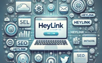 Ilustrasi Heylink sebagai platform pemendek tautan untuk digital marketing dengan ikon media sosial dan analitik.