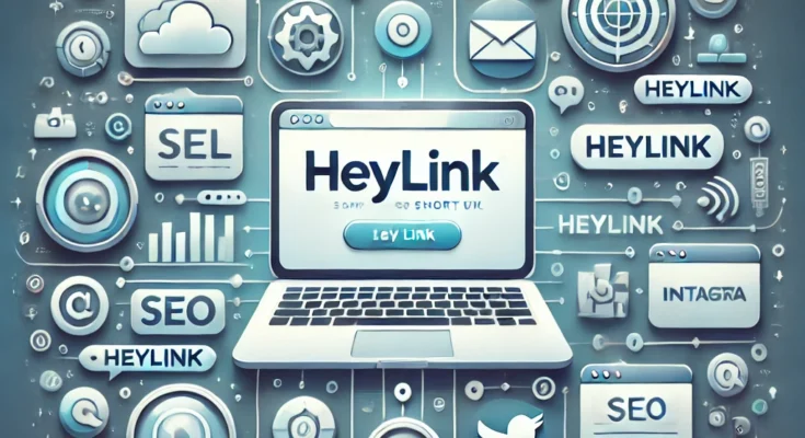 Ilustrasi Heylink sebagai platform pemendek tautan untuk digital marketing dengan ikon media sosial dan analitik.