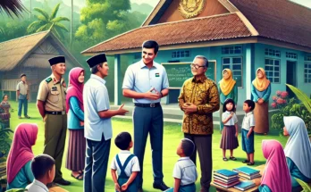 Ilustrasi kunjungan Bupati Gregorius Herkulanus Bala ke Desa Mengkirai, berinteraksi dengan masyarakat dan pemimpin pendidikan di pusat komunitas.
