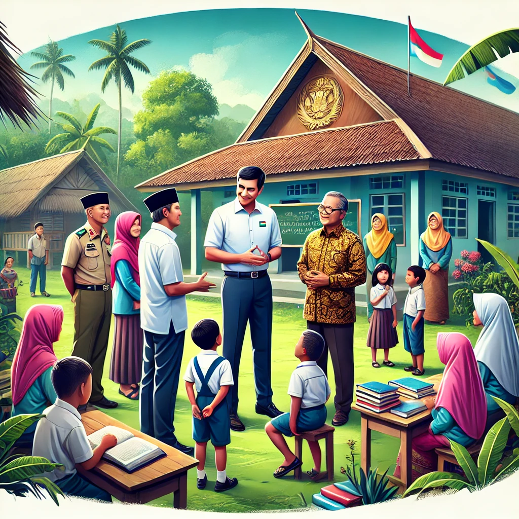 Ilustrasi kunjungan Bupati Gregorius Herkulanus Bala ke Desa Mengkirai, berinteraksi dengan masyarakat dan pemimpin pendidikan di pusat komunitas.