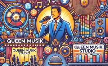 Ilustrasi profesional SiNakal Management menampilkan MC acara, Queen Musik Studio, dan elemen digital dengan ikon media sosial