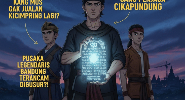 Poster animasi Preman Pensiun 10: Pusaka Sang Penjaga Cikapundung menampilkan Kang Mus memegang artefak bercahaya, Kang Murad dan Cecep, dengan tulisan hook.